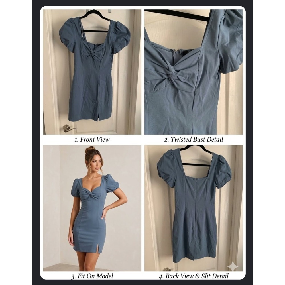 Trixxi Womens Dusty Blue Puff Sleeve Twisted Bust Mini Dress Size Small Slit